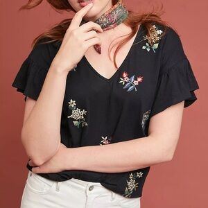 Anthropologie Ranna Gill Black Jasmine Floral Embroidered Top